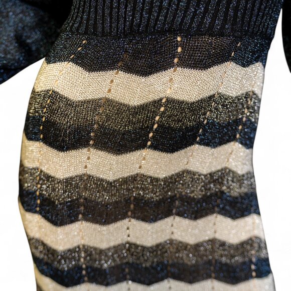 Vintage 70s Wenjilli Metallic Knit Maxi Dress * Navy & Silver Chevron Lurex - Picture 4 of 15